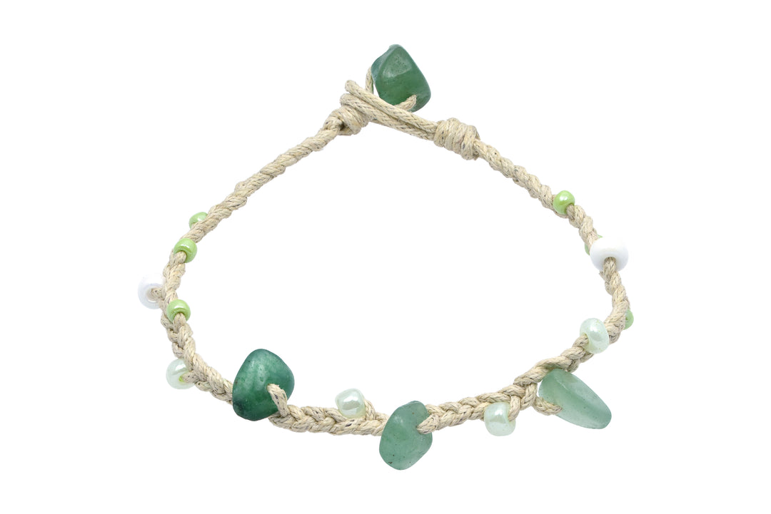Bracelet With Chipped Green Aventurine Stone And Glass Seed Beads In Hand Braided Cotton Cord
