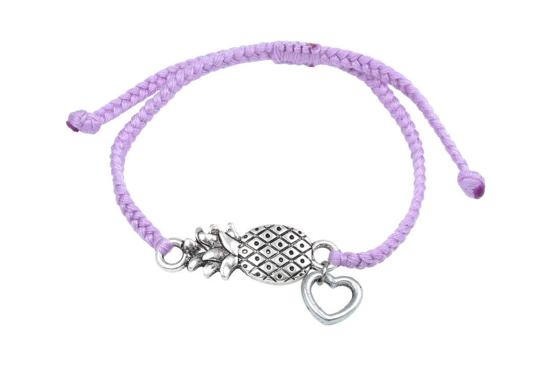 Bracelet With Silver Color Pineapple Heart Charm On Hand Braided Cotton String