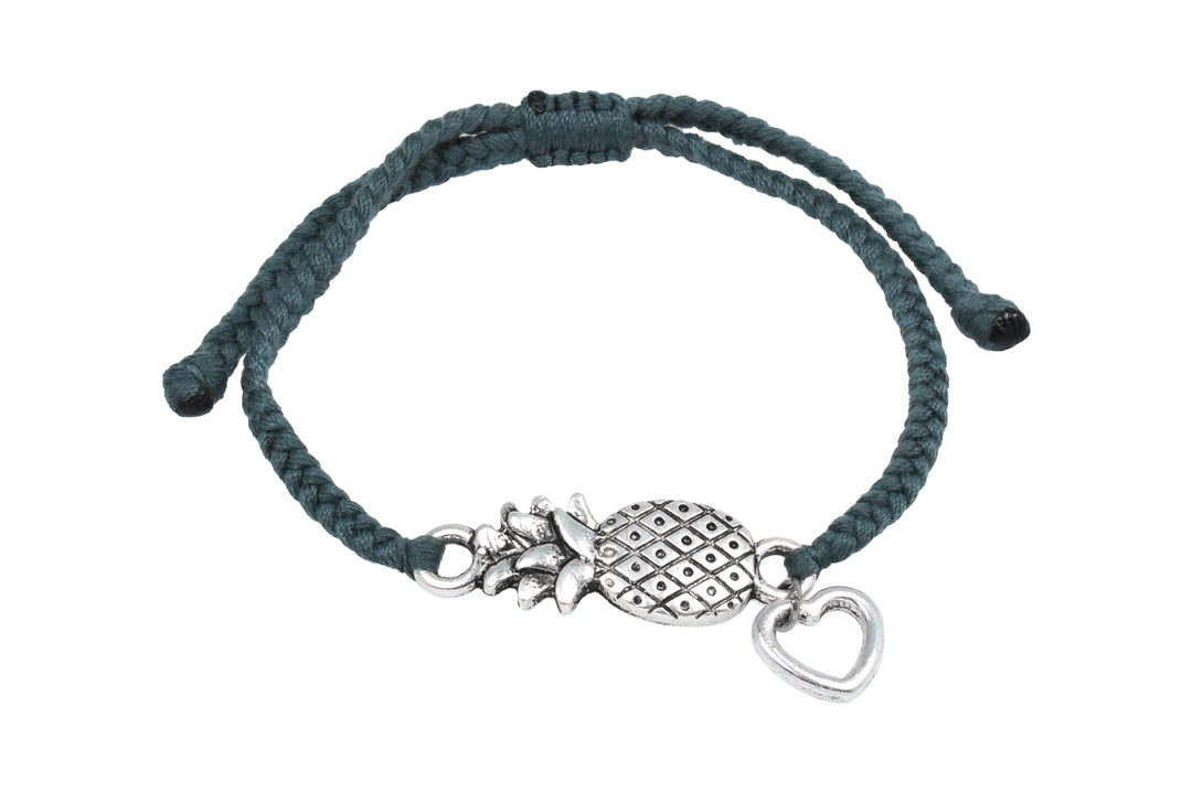 Bracelet With Silver Color Pineapple Heart Charm On Hand Braided Cotton String