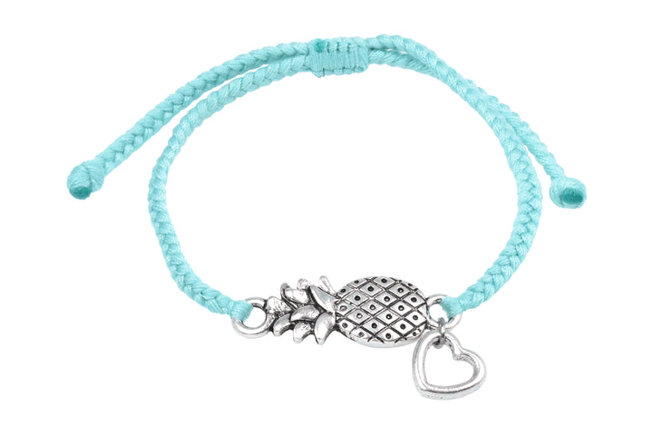 Bracelet With Silver Color Pineapple Heart Charm On Hand Braided Cotton String